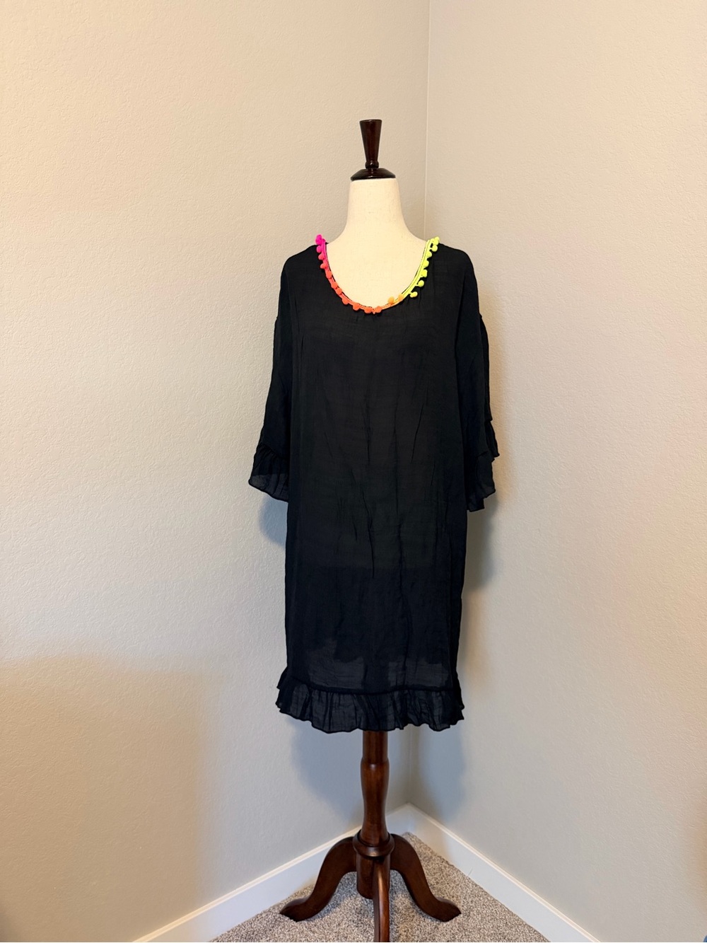 Nino Balcutti Black Neon Pom-Pom Swim Cover-Up Tunic Dress